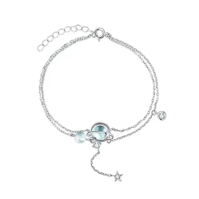 Double Bracelet en Argent Sterling 925 avec Aigue-Marine et Zirconium Blanc, Bijou Tendance Élégant pour Femmes, Idéal pour Soirées et Autres Occasions Spéciales