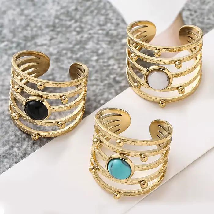 Bague ouverte en pierre naturelle bohème plaquée or turquoise pour femme, avec incrustations en acier inoxydable, pour occasions spéciales et tenues de tous les jours