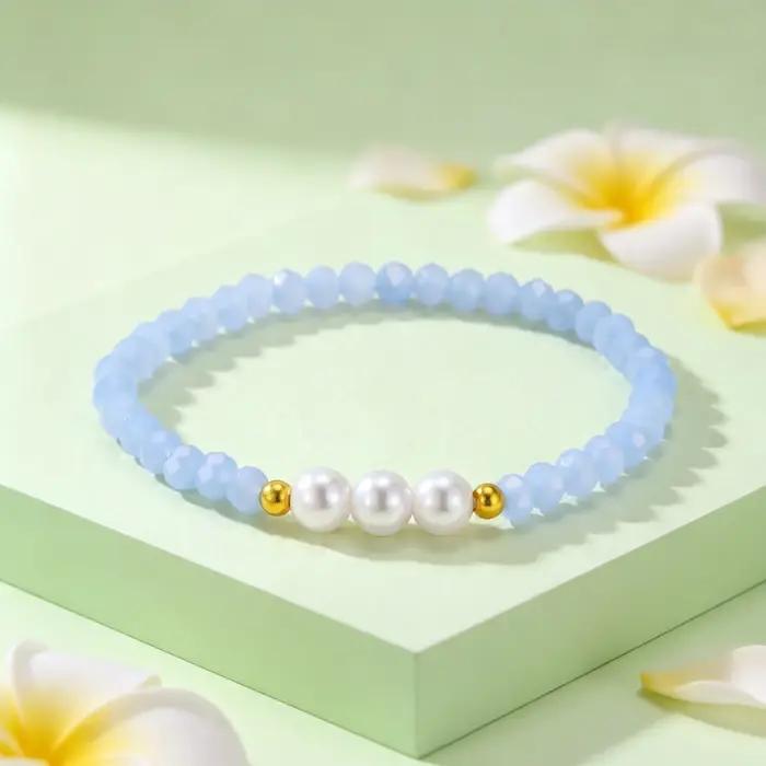 Bracelet de mode pour femmes style bohème perles imitations bleues et blanches bijou polyvalent cadeau occasions spéciales
