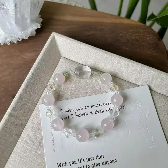 Bracelet en quartz rose naturel/quartz clair à brin unique pour femmes