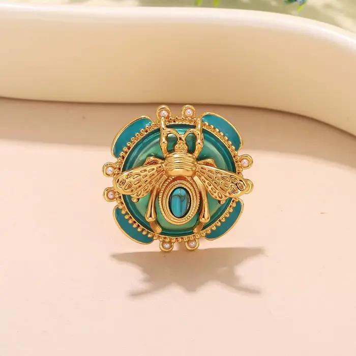 Bague abeille élégante en émail vert plaquée or avec perles turquoise et blanc pour homme et femme occasions spéciales cadeau bijoux