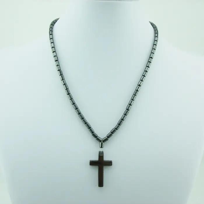 Collier en hématite avec croix de jésus, perles noires aimantées, thérapie magnétique, soins de santé, pendentif énergétique, bijoux religieux