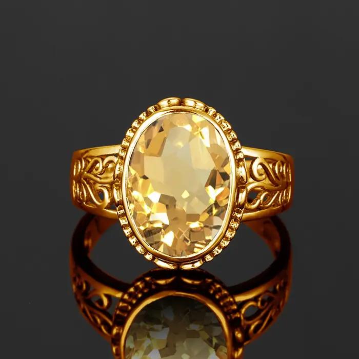 Bague Citrine en or jaune bague de cocktail ovale Art Déco pour femmes occasions spéciales cadeau de mariage pierre de naissance porte-bonheur