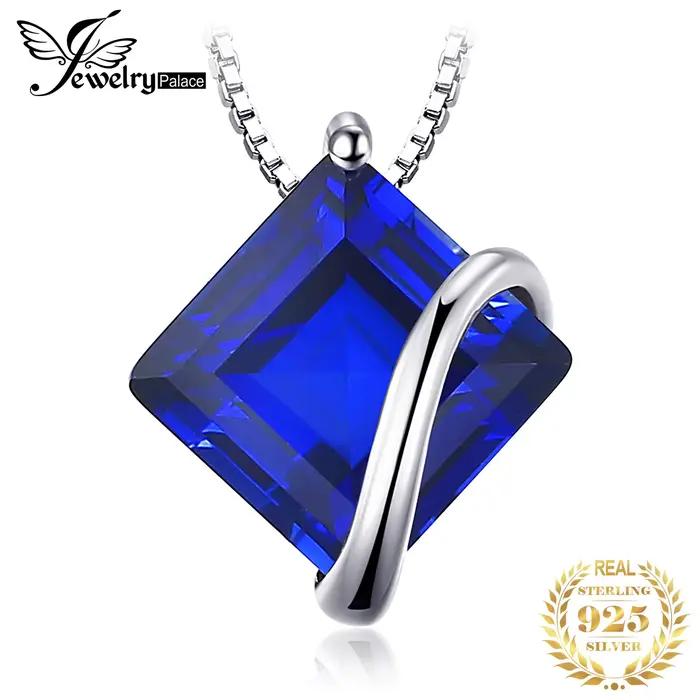 JewelpopPalace-Collier pendentif carré en saphir bleu pour femme, pierre précieuse, bijoux fins, arg