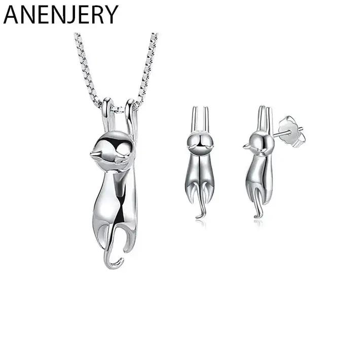 ANENJERY couleur argent élégant mignon chat ensemble de bijoux collier et boucles d'oreilles ensembles