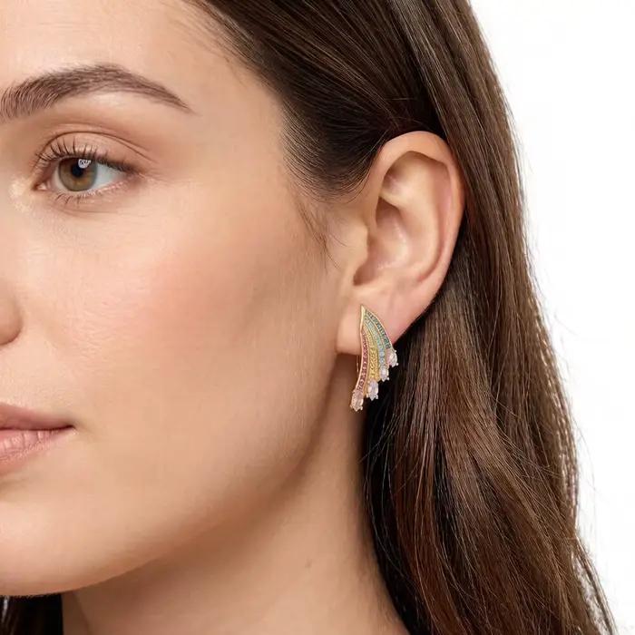 Boucles d'oreilles plaquées or, ailes colorées, bijoux fins européens pour femmes, été, bohème, arc-en-ciel, argent sterling 925, cadeau