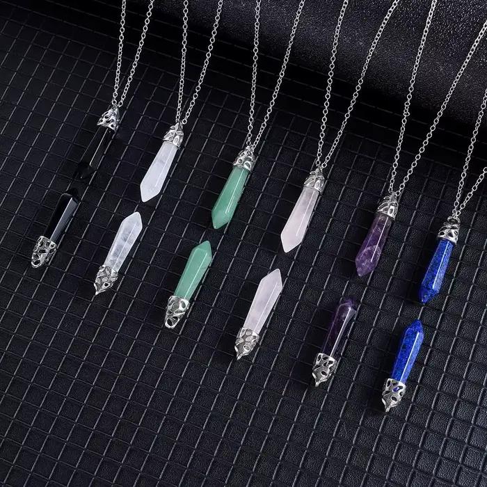 Collier Amulette en Cristal Hexagonal avec Pierres Naturelles Quartz Rose Aventurine Verte Lapis Lazuli Occasions Spéciales Bijoux Énergétiques Harmonisateurs