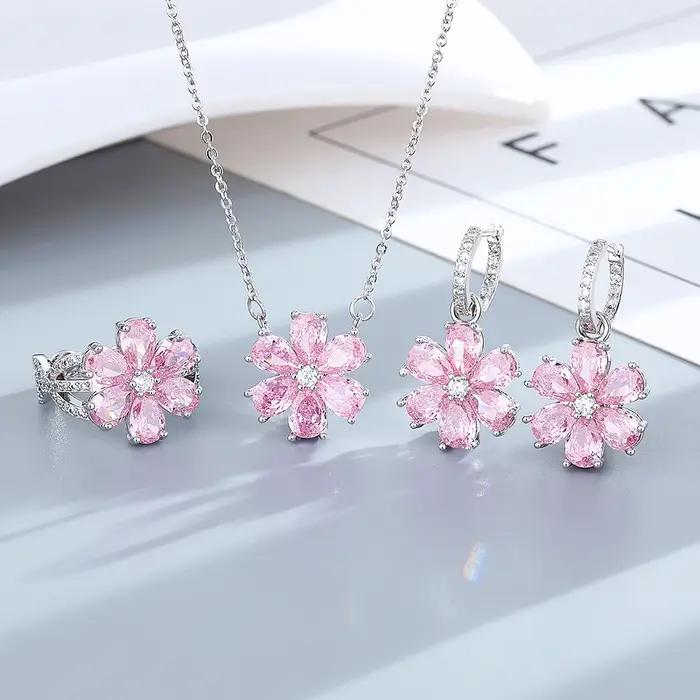 Ensemble de Bijoux en Argent Sterling 925 avec Fleurs Roses et Perles pour Occasions Spéciales Femme