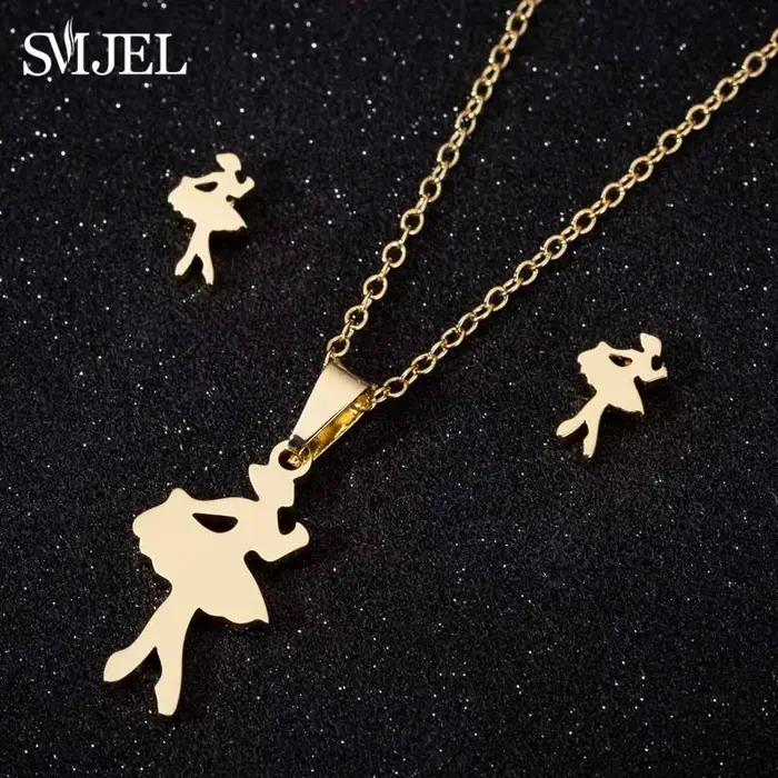 Boucles d'oreilles de Ballet dansante pour femmes et filles, colliers de ballerine à la mode, couleur or, ensemble de bijoux en acier inoxydable, accessoires, cadeau de Sport en Club