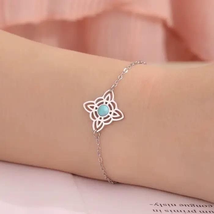 LIKGREAT-Bracelet double noeud de sorcière celtique pour femme, breloque croissant de lune, pierre bleue, acier inoxydable, bijoux, cadeau de Noël