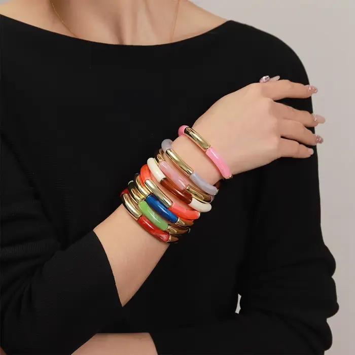 Bracelet jonc tubulaire fin en résine acrylique et bambou multicolore 2026 pour femme, fait main, tendance, bijoux de poignet, cadeaux d'été