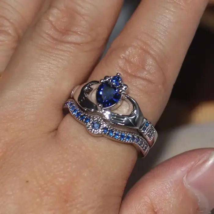 Ensemble de bagues Claddagh en saphir de laboratoire Queen Heart, or blanc 10 carats, bagues de fiançailles et de mariage pour femmes, bijoux cadeau