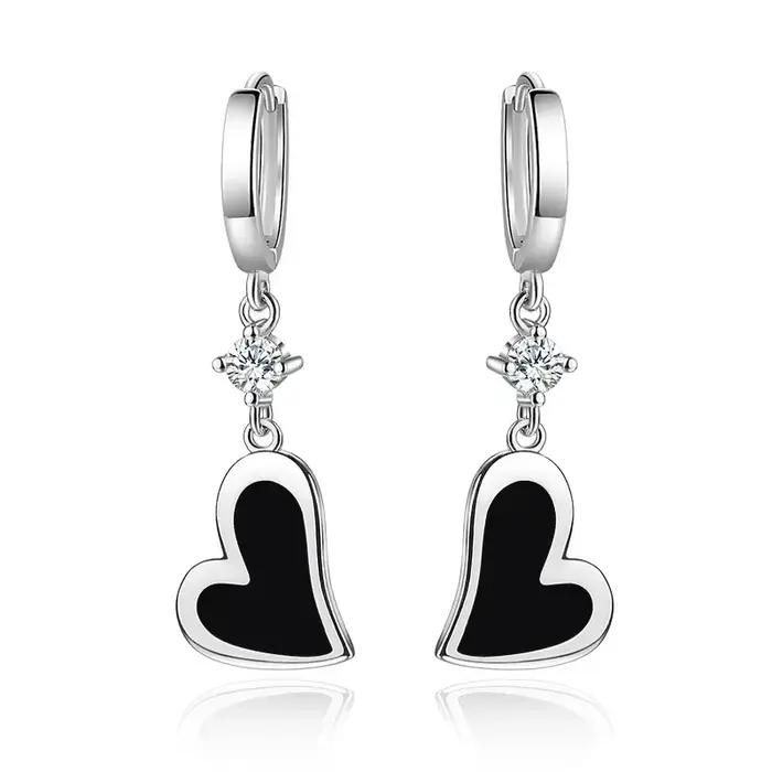 Boucles d'oreilles en argent Sterling 925 pour femmes, bijoux rétro noir en forme de cœur d'amour, accessoires de fête pour filles, cadeau, nouvelle collection