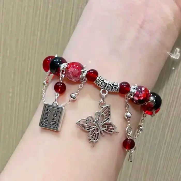 Bracelet perlé rouge de style chinois pour femme