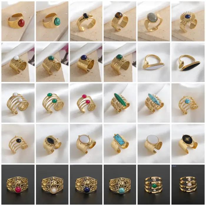 Bagues rétro imperméables en acier inoxydable pour femmes, uniques, de haute qualité, style bohémien, pierre naturelle, larges, ouvertes, bijoux, cadeau de fête, 2025