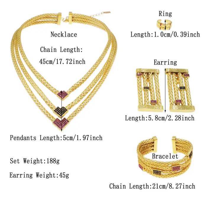 Ensemble de bijoux plaqués or 24 carats pour femme avec collier, boucles d'oreilles, bracelet et bague pour occasions spéciales comme le mariage et le banquet
