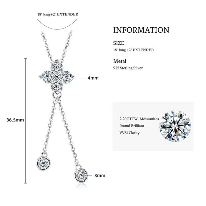 Collier pendentif fleur trèfle à quatre feuilles en moissanite D1.40CT, en argent 925 véritable à 100 %, avec longue pampille, pour femme, bijou de charme, cadeau