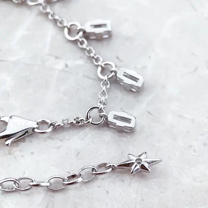 Bracelet chaîne et maillons en argent Sterling 925 pierres zirconium coupe baguette pour femme