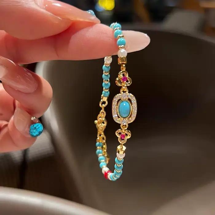 Bracelet en plaquage argent serti de perles turquoises et zirconium pour femmes occasions spéciales engagement mariage soirée de gala