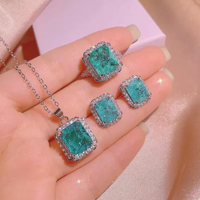 Ensemble de trois bijoux en argent 925 pour femmes, pendentif carré Paraiba émeraude, collier, boucles d'oreilles, bague réglable, bijoux de fête