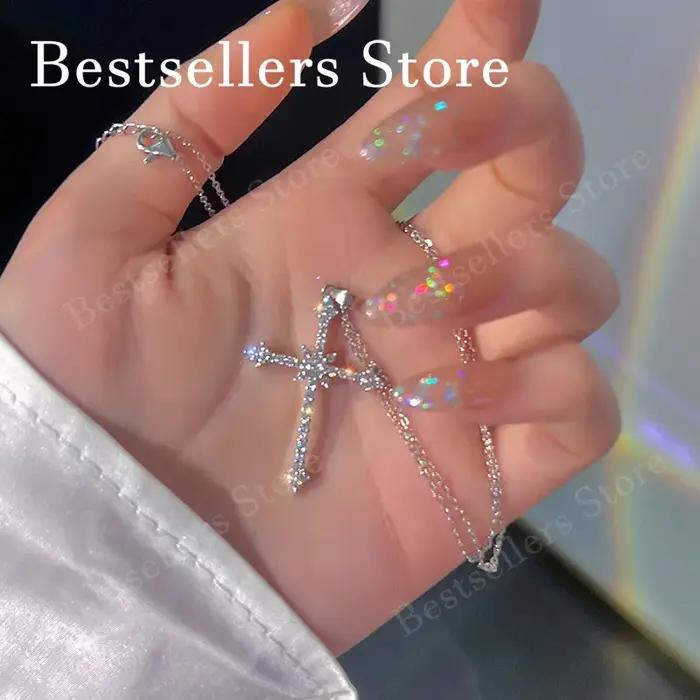 Collier à breloques pour femme en argent sterling 925, collier croix zircon de 18 pouces, bijoux de