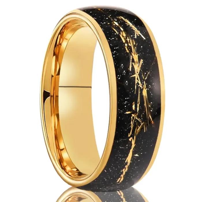 Bague en acier tungstène incrustée de feuille d'or simple dorée pour mariage et occasions spéciales unisexe