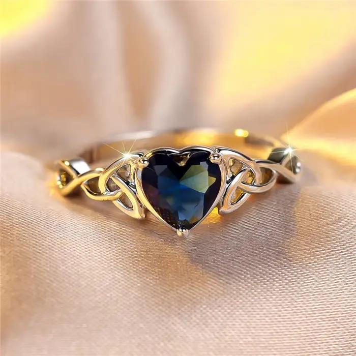 Bague de fiançailles en forme de cœur en pierre de Zircon bleu pour femme