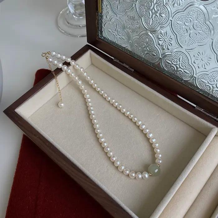 Collier 100% naturel brillant en perles d'eau douce et pierre de Jade néphrite, rempli d'or 14K, bij