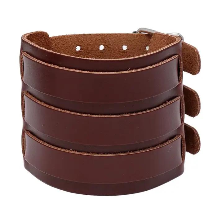KOTik 2024 nouvelle mode en cuir véritable large manchette Bracelets Punk Vintage trois couches