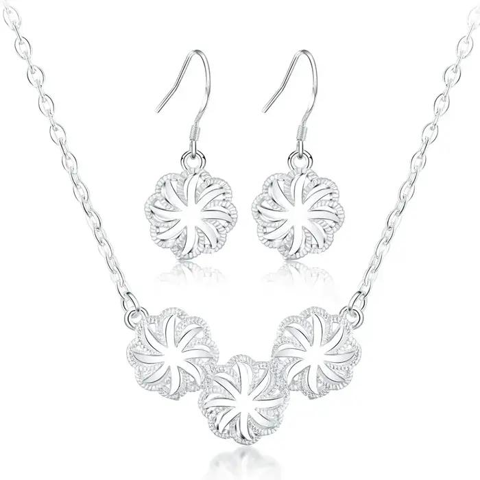 Parures de bijoux en argent sterling 925 pour femmes avec collier et boucles d'oreilles à fleurs pour mariage et occasions festives