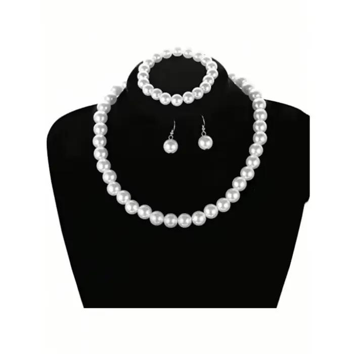 Ensemble de bijoux en fausses perles (collier, bracelet, boucles d'oreilles) – 4 pièces – Cadeau élégant pour les fêtes.