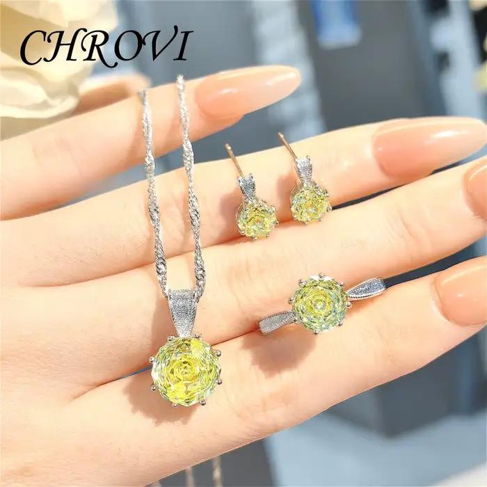 Collier pendentif en argent sterling 925 de luxe léger, design rose avec diamants colorés, boucles d'oreilles et bague assorties en pierres précieuses
