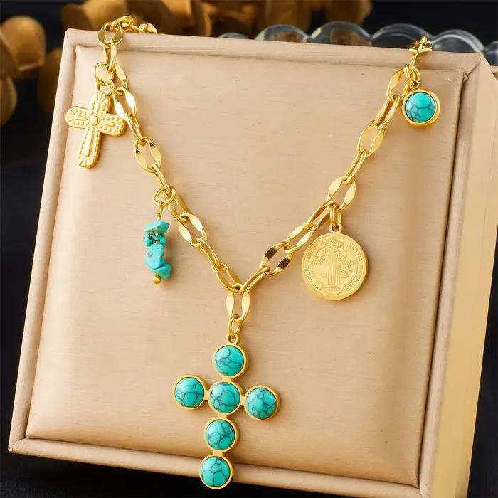 Collier avec pendentif croix turquoise en acier inoxydable 316 pour femmes et filles