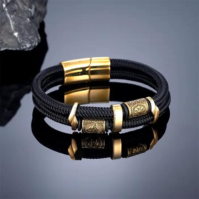 Vikings Runes Double couche ne se décolore pas en acier fil corde Bracelets hommes nordique couleur