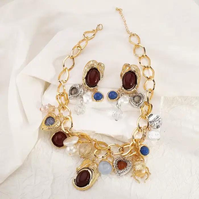 Ensemble de bijoux bohèmes rétro en résine avec pierres précieuses et perles pour femmes pour occasions spéciales