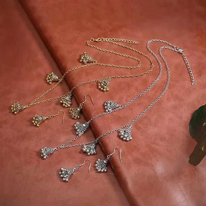 Ensemble de bijoux Jhumka en argent plaqué et or pour femmes occasions spéciales engagement romantique bohème vintage cloches rondes cintres mariage