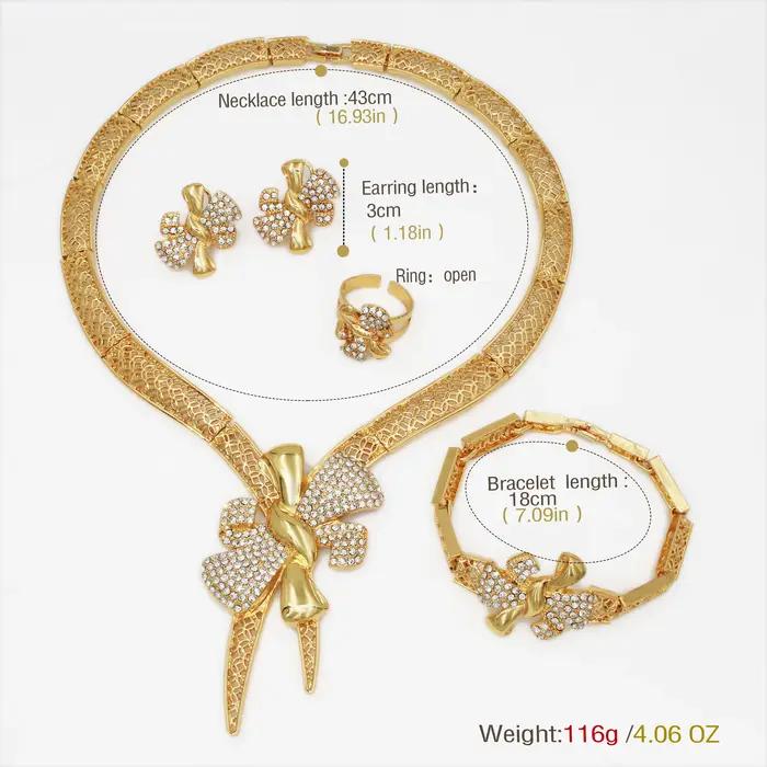 Ensemble de bijoux de mariée plaqué or 18 carats noeud papillon collier bracelet boucle d'oreille anneau pour les femmes occasions spéciales