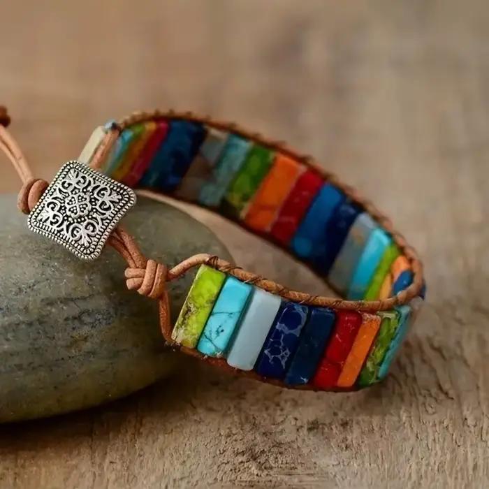 Bracelet bohème multicolore en pierre impériale, 7 chakras, pierres rectangulaires, bracelet en corde de cuir, bijoux de poignet K0