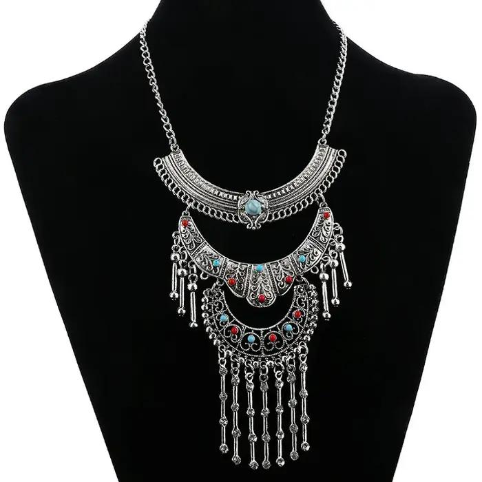 Maxi collier ras du cou bohème multicouche pour femme, bijoux vintage, barre de cristal, pompon, déc