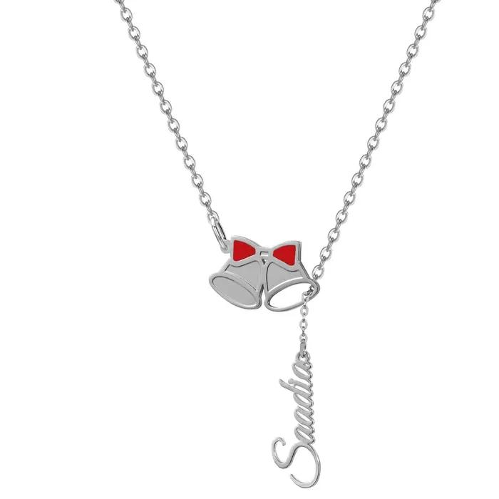 Collier Personnalisé Plaqué Or avec Cloches de Noël et Nœud Rouge Bijoux Festifs pour Femmes Occasions Spéciales