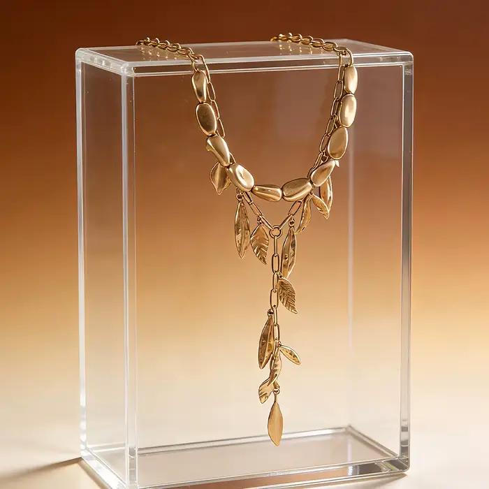 Collier Lariat Or Mat avec Pierres et Feuilles – Bijou Botanique Superposé pour Femme
