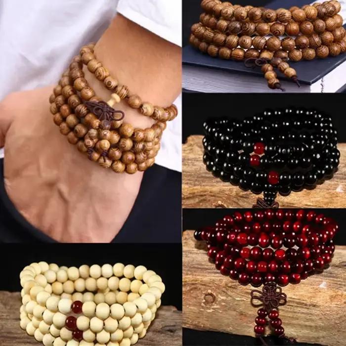Bracelet en bois de santal naturel 108 perles de méditation pour hommes et femmes style géométrique