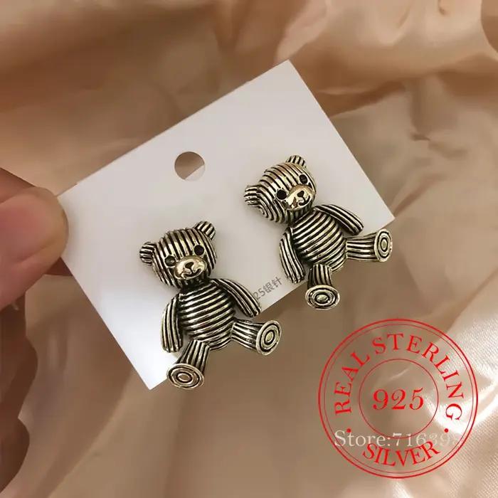 925 argent Sterling rétro mignon ours boucles d'oreilles pour femme filles dessin animé dame Aretes noël boucle d'oreille De Mujer cadeau De fête