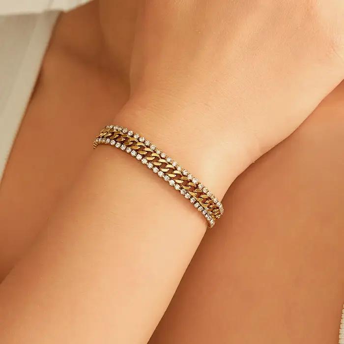 Yupsk – Bracelet à trois couches en acier inoxydable plaqué or 18 carats