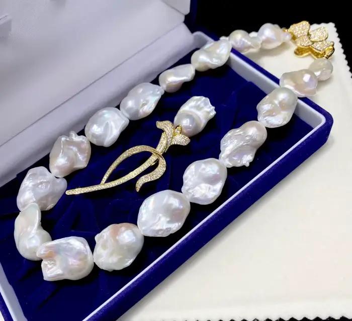 Collier vintage en perles Akoya véritables, perles naturelles de 13-21 mm, grandes perles baroques, ensemble de collier et fleur de poitrine, 18'' 20''
