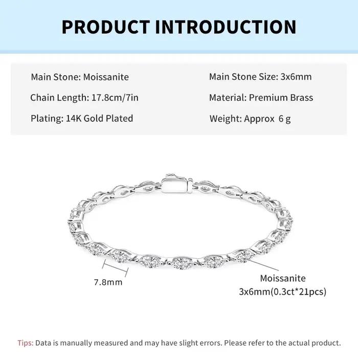 Rrjzz – Bracelet en moissanite de luxe pour femme, coupe marquise, couleur D, 3x6mm, 7 pouces (17,8