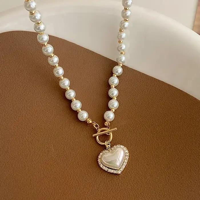Blanc Imitation Perle Collier Femmes Cristal Pierre Coeur Pendentif Mignon Fille Bijoux