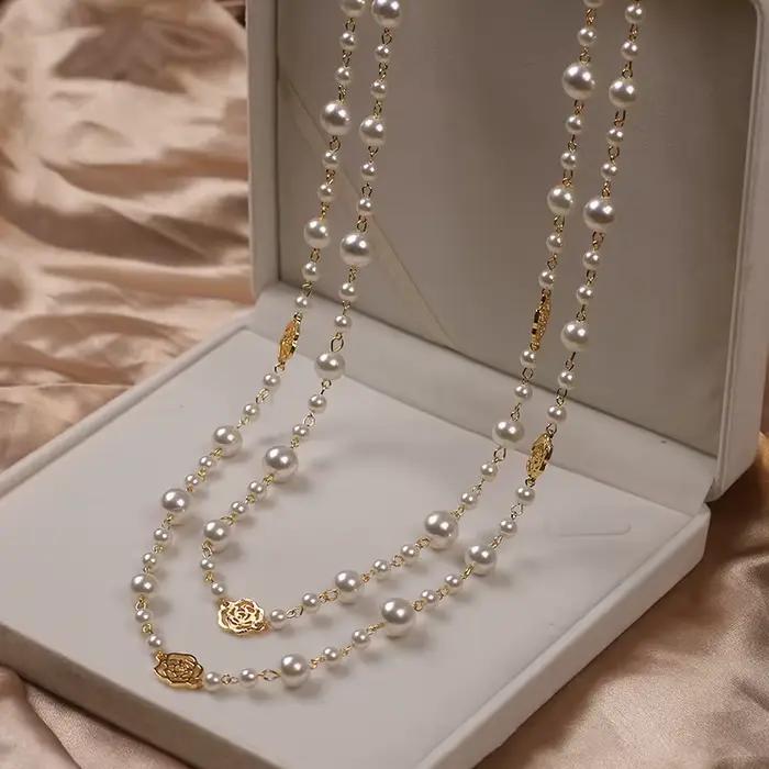 Vintage dame camélia perles fleur Long collier chaîne élégant Double couches mode bijoux pour les femmes fête Collares de moda