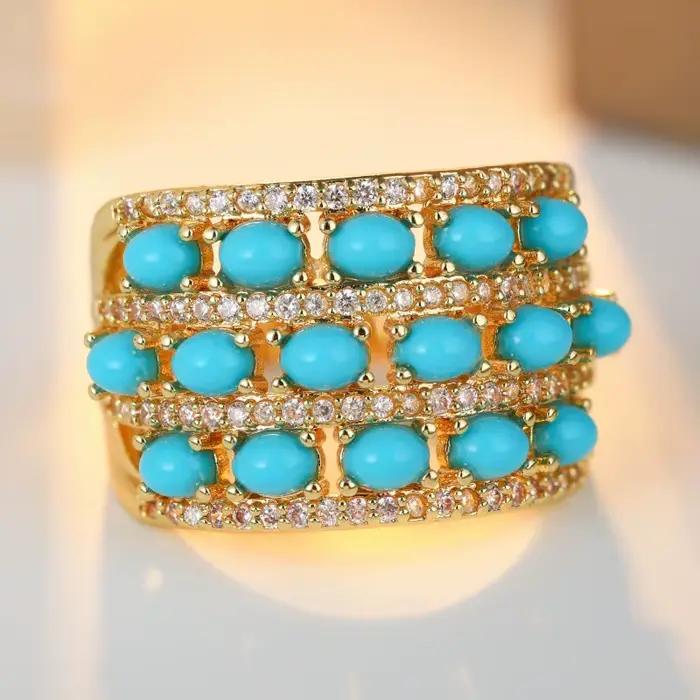 Bague dorée scintillante classique incrustée d'imitation de turquoise pour femme, style bohème, pour festival, banquet, accessoires de bijoux élégants