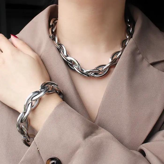 Ensembles de bijoux sans ternissement, grand Bracelet ras du cou en forme d'olive, chaîne en or épaisse, chaîne en acier inoxydable, collier, Bracelet, ensemble de bijoux